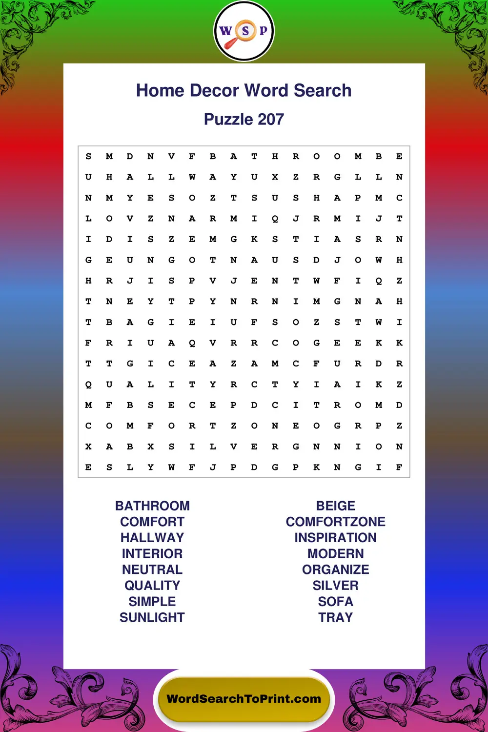 Home Decor Word Search Puzzle 207