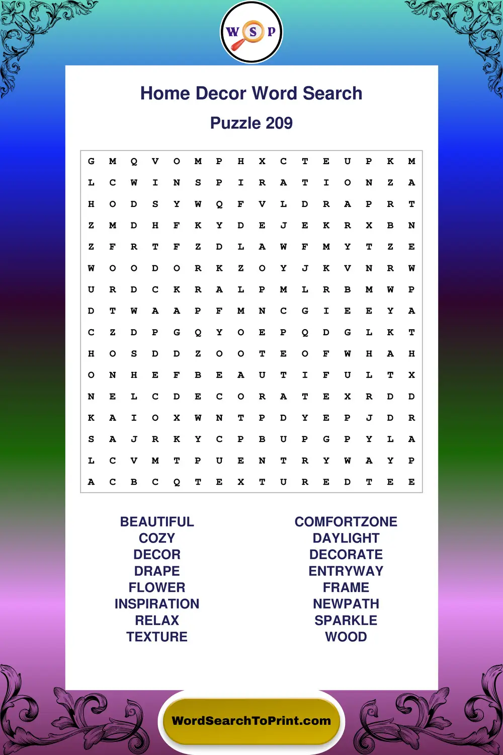 Home Decor Word Search Puzzle 209