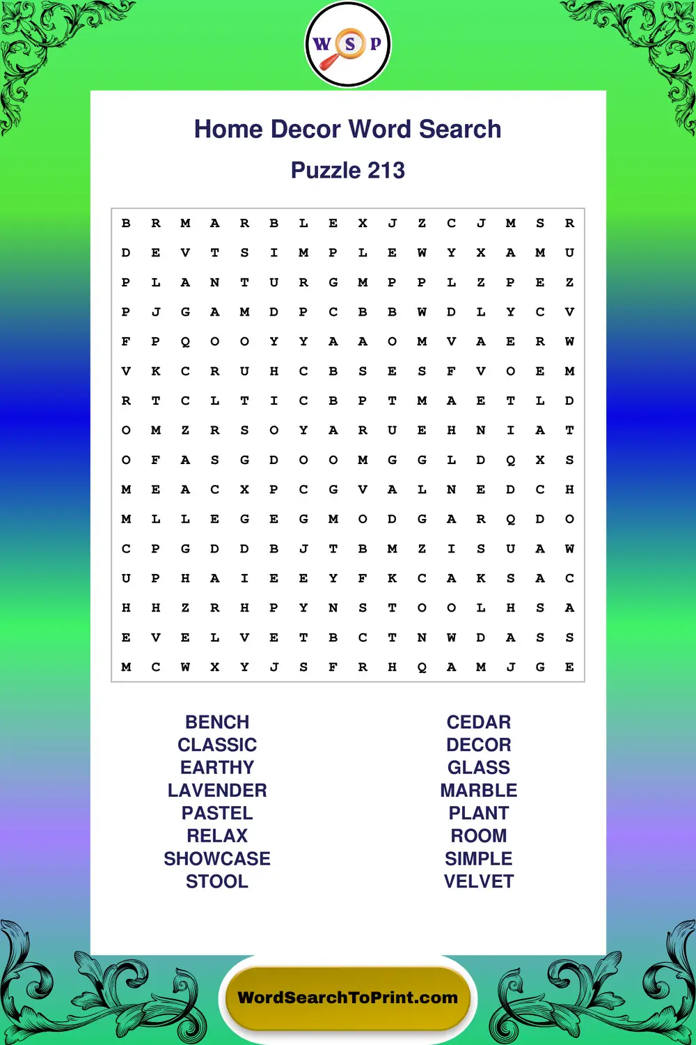 Home Decor Word Search Puzzle 213
