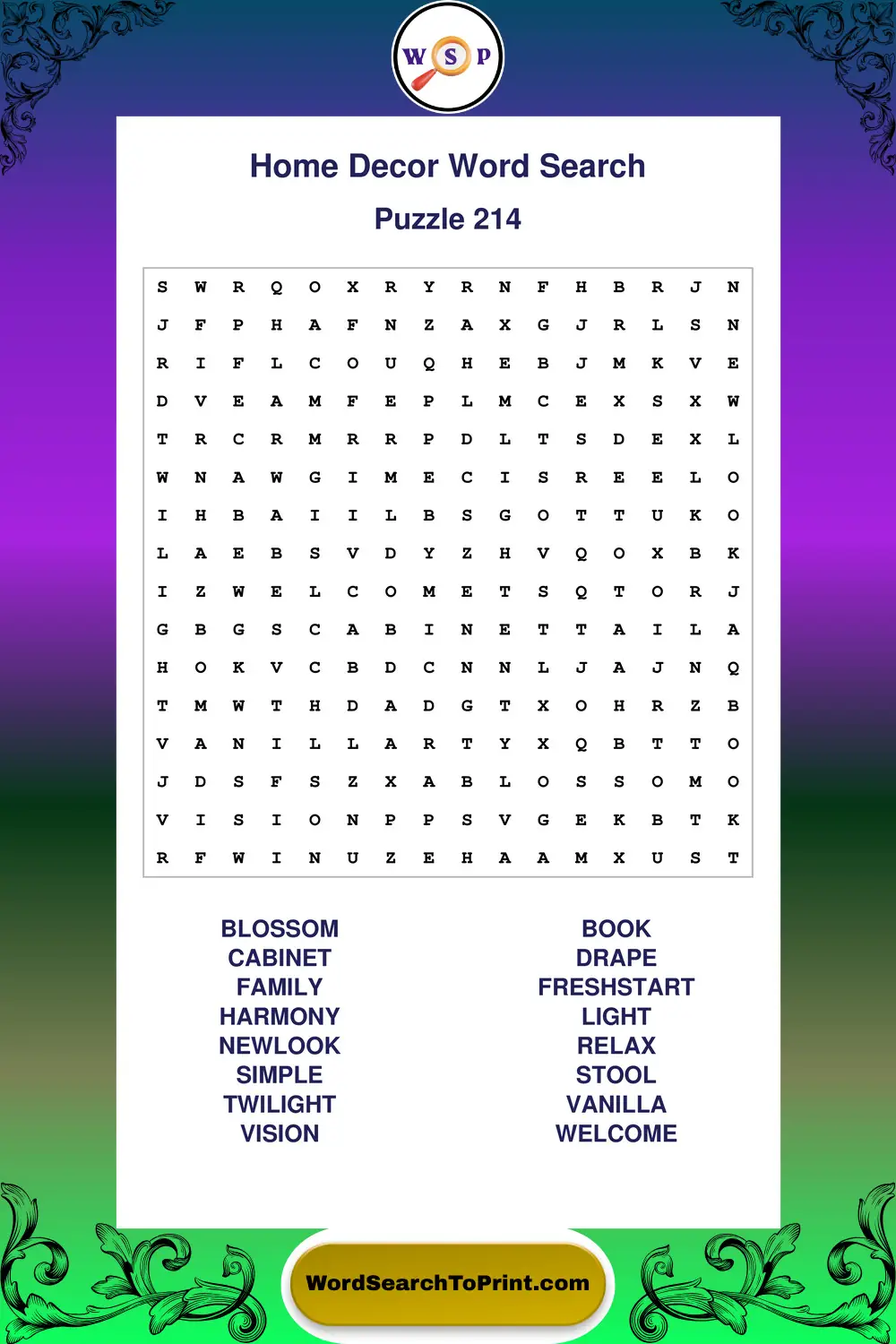 Home Decor Word Search Puzzle 214