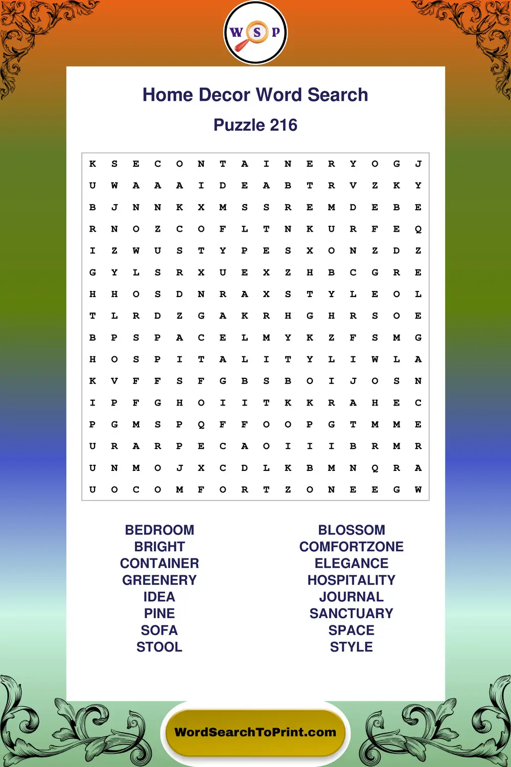 Home Decor Word Search Puzzle 216