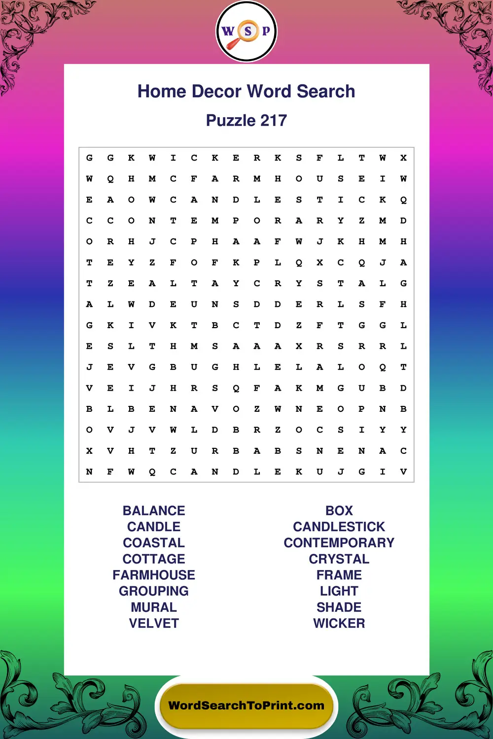 Home Decor Word Search Puzzle 217