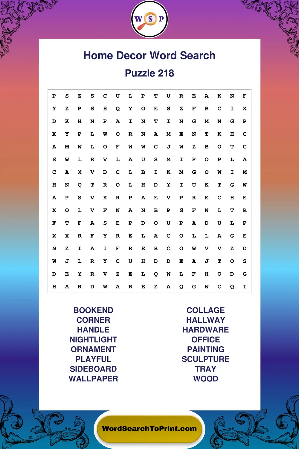 Home Decor Word Search Puzzle 218