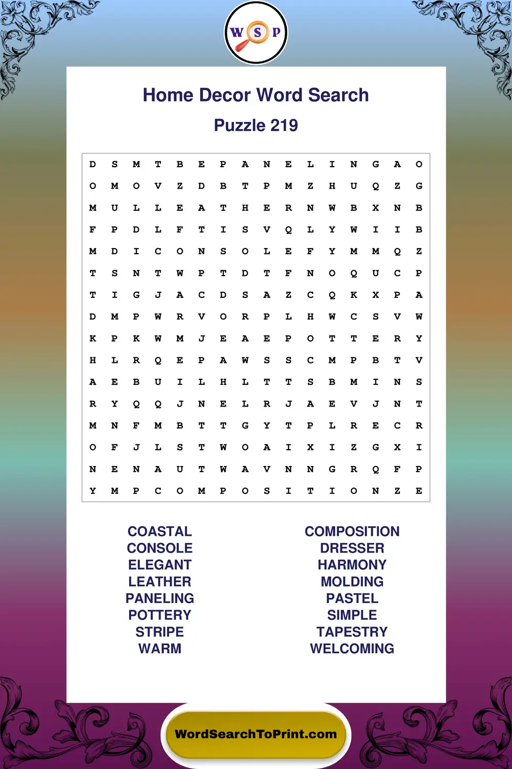 Home Decor Word Search Puzzle 219