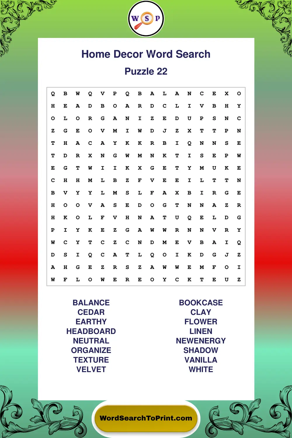 Home Decor Word Search Puzzle 22