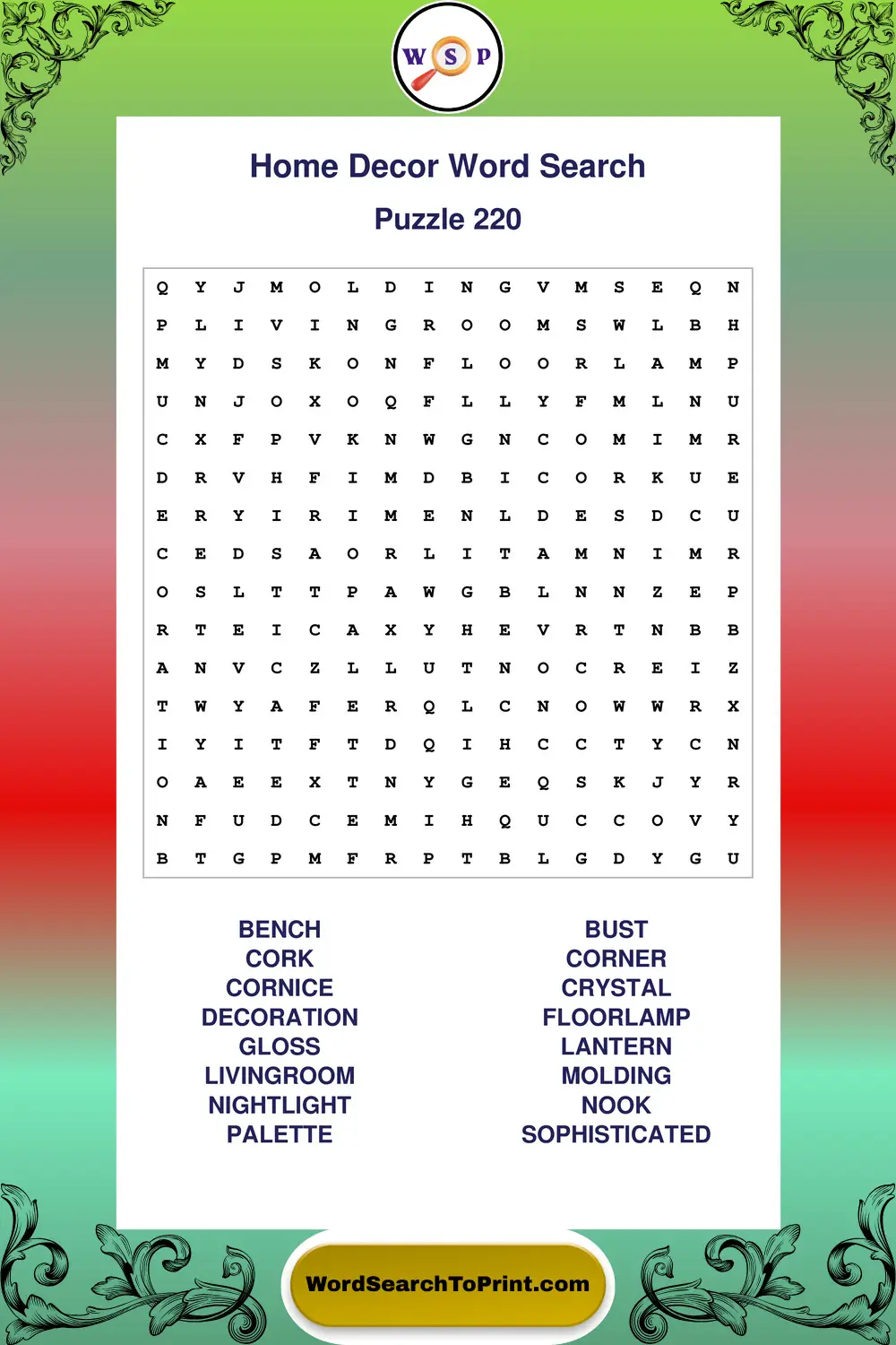 Home Decor Word Search Puzzle 220