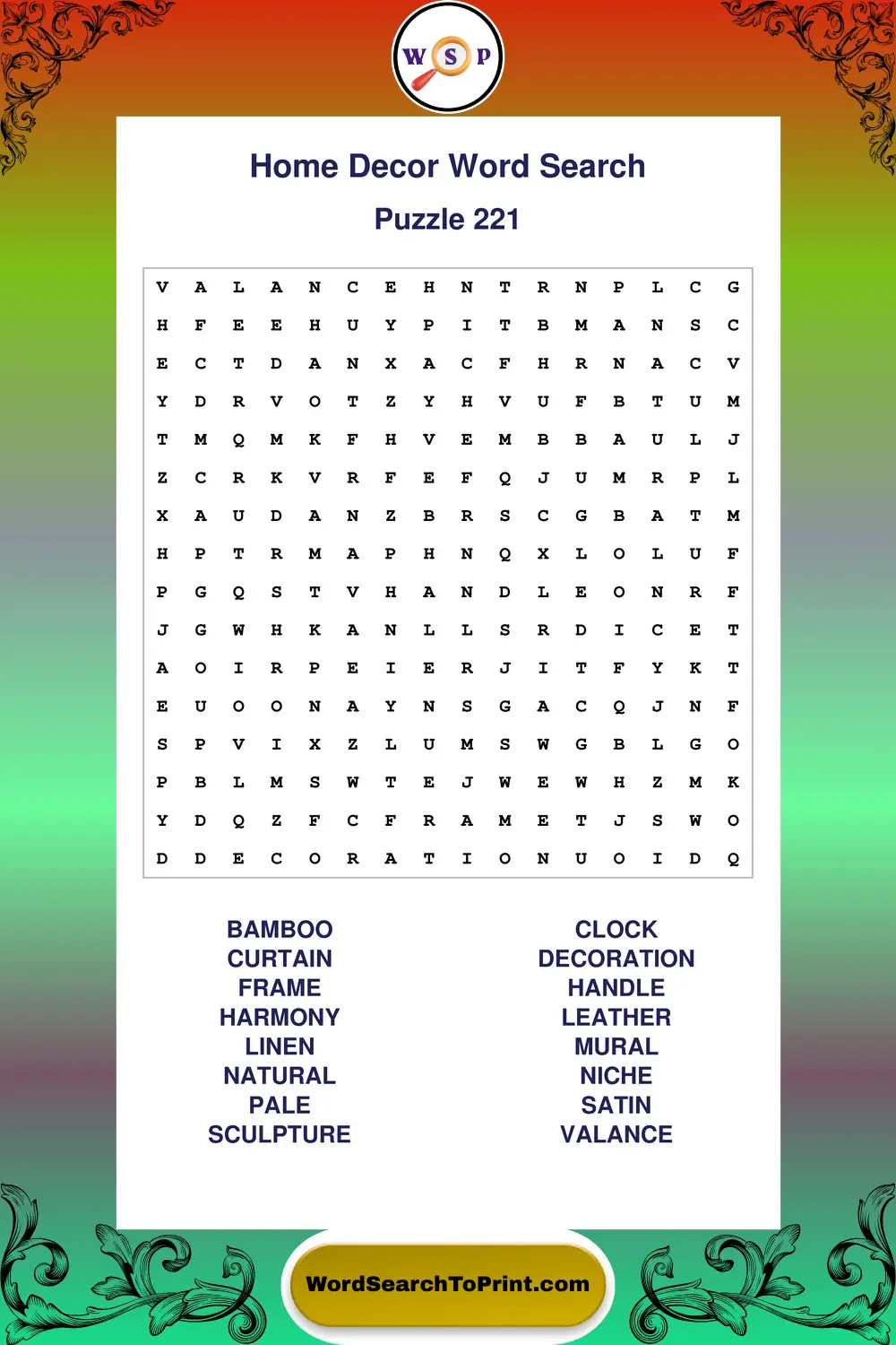 Home Decor Word Search Puzzle 221