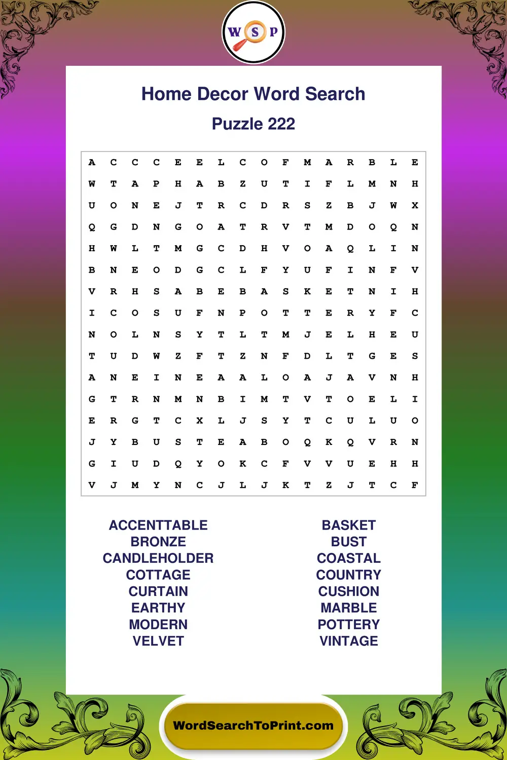 Home Decor Word Search Puzzle 222
