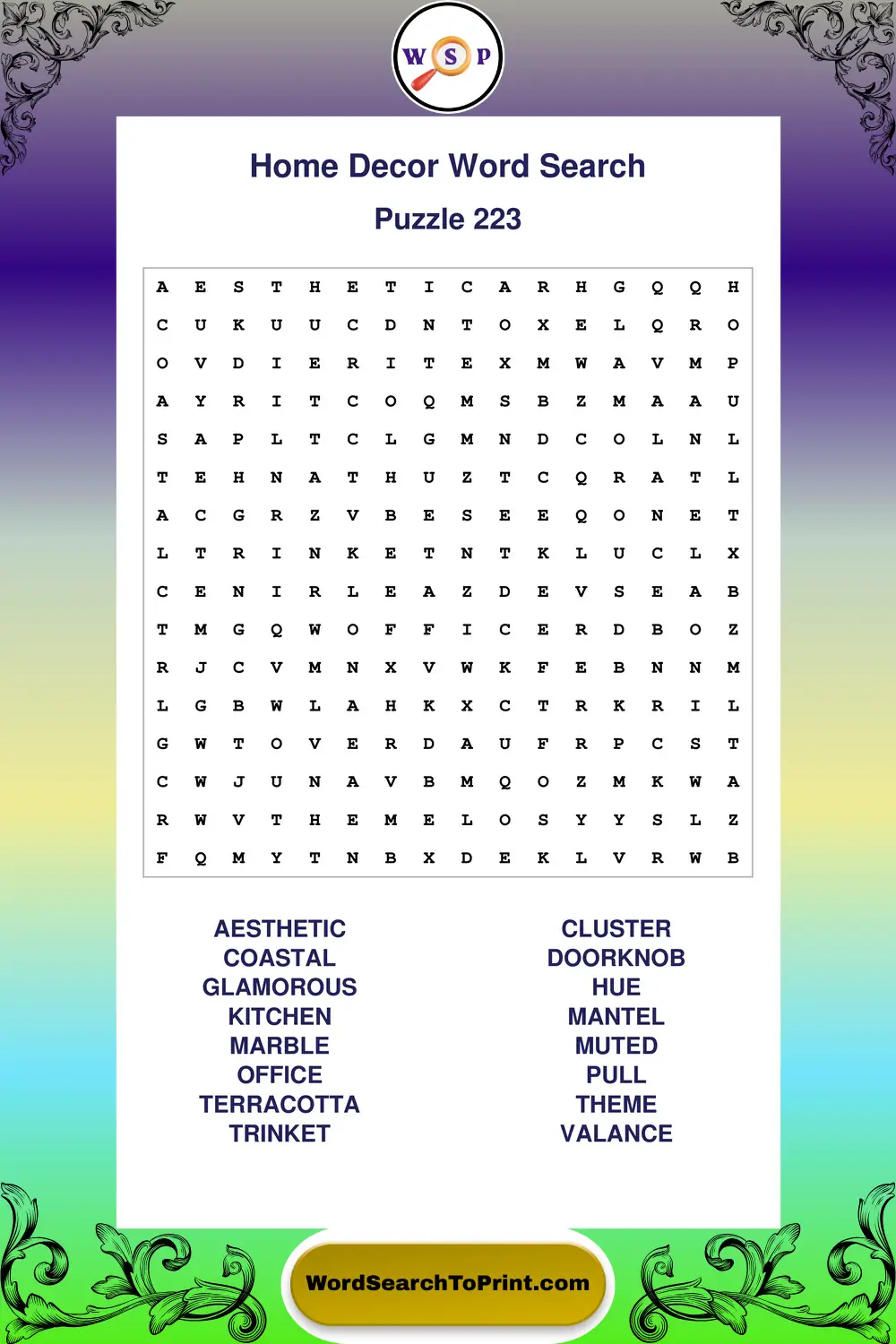 Home Decor Word Search Puzzle 223