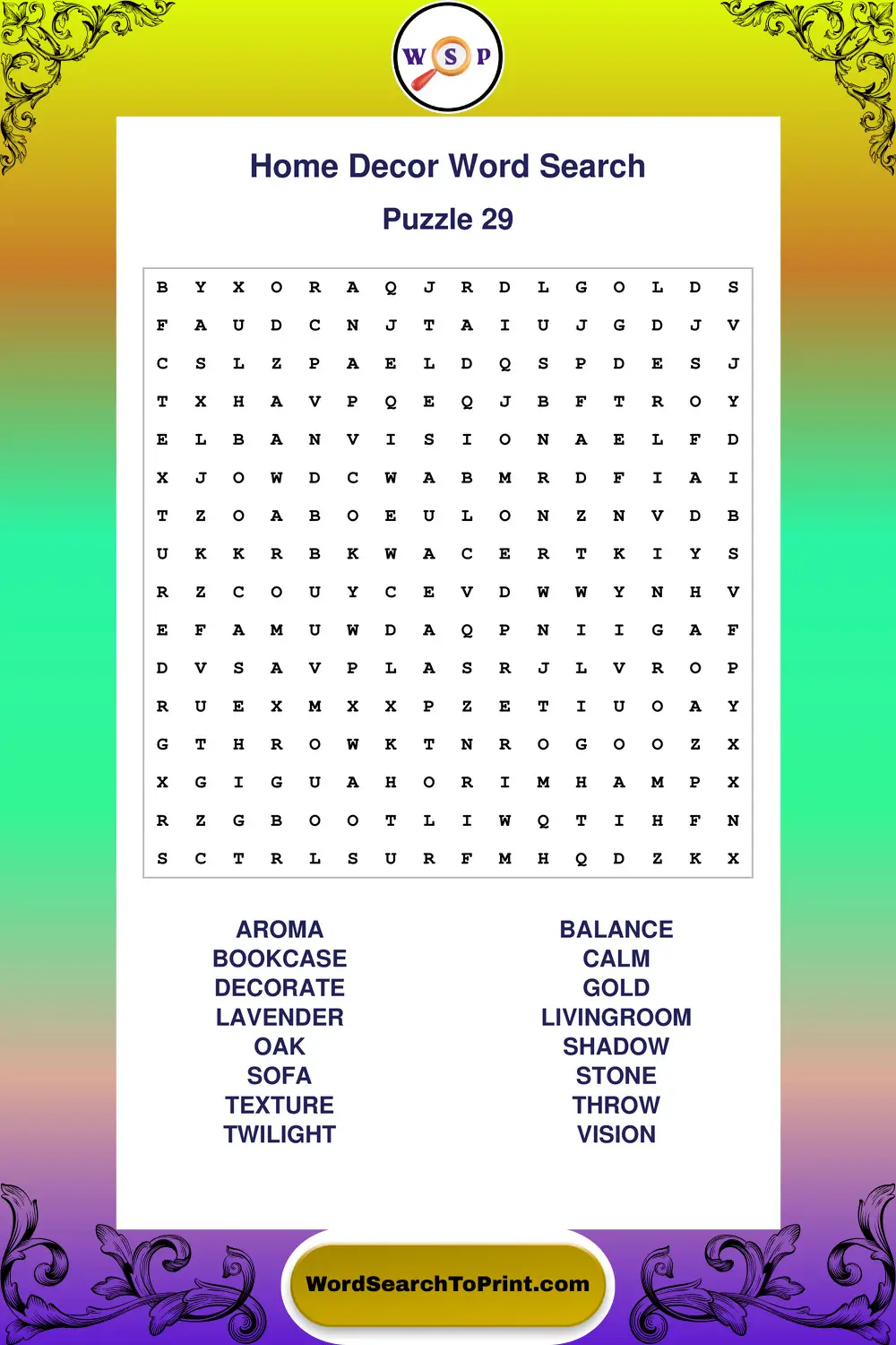 Home Decor Word Search Puzzle 29