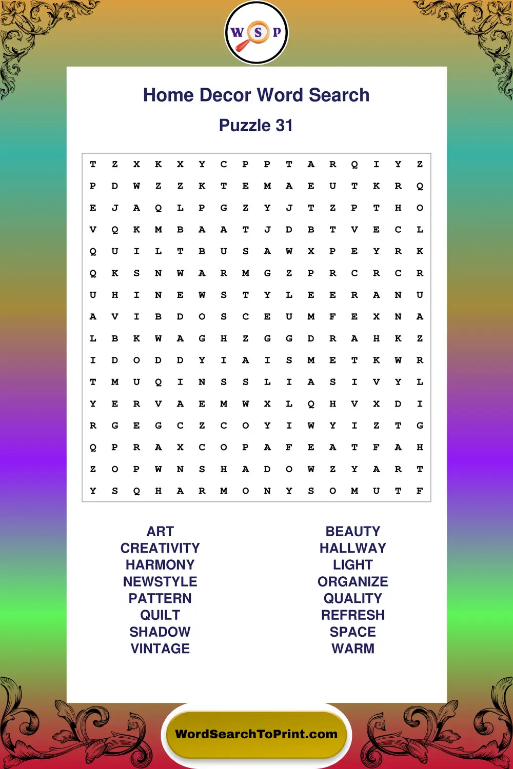 Home Decor Word Search Puzzle 31