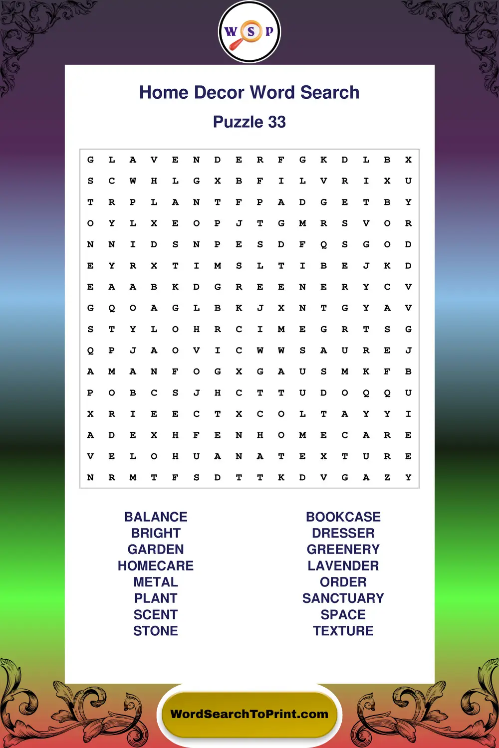 Home Decor Word Search Puzzle 33