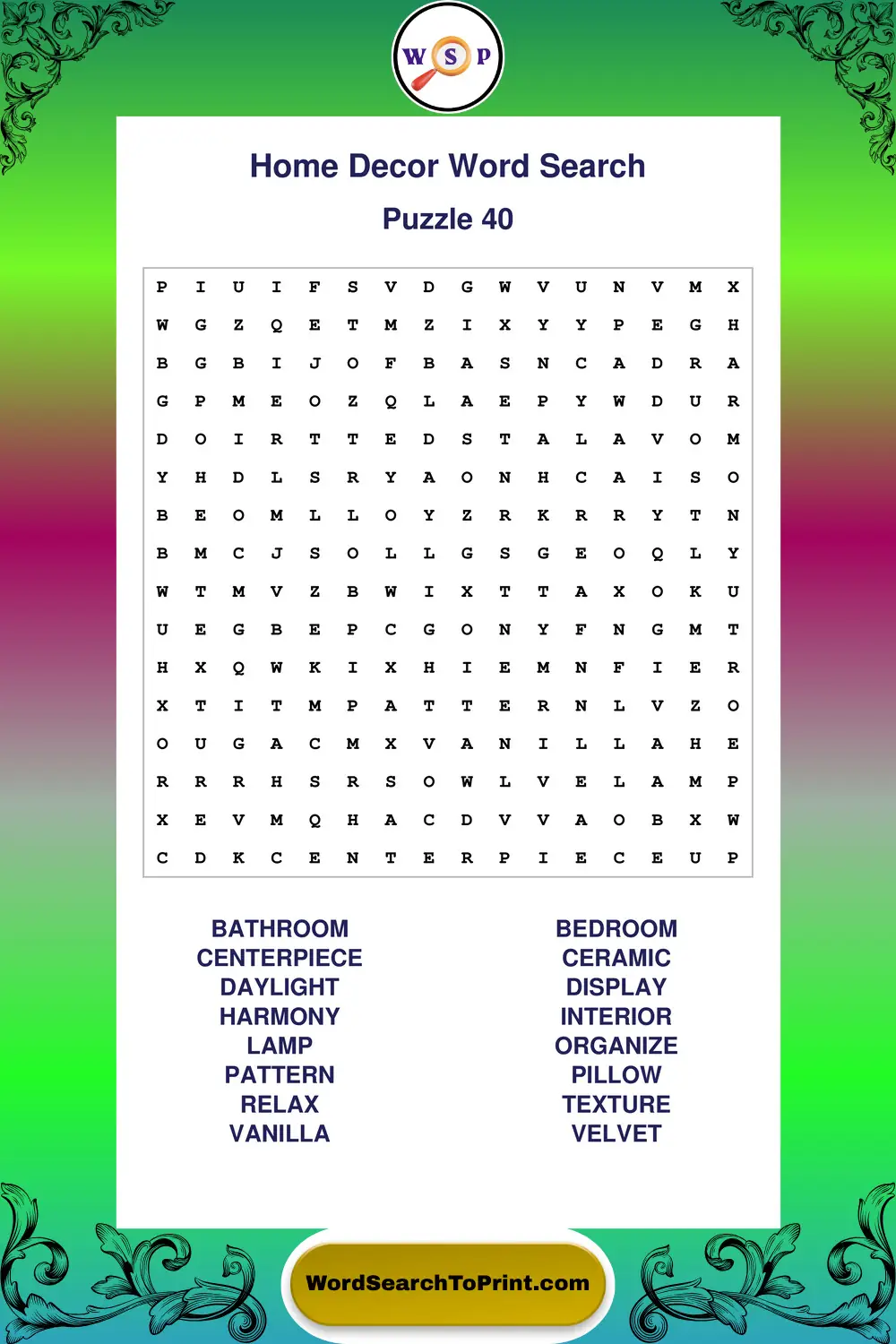Home Decor Word Search Puzzle 40
