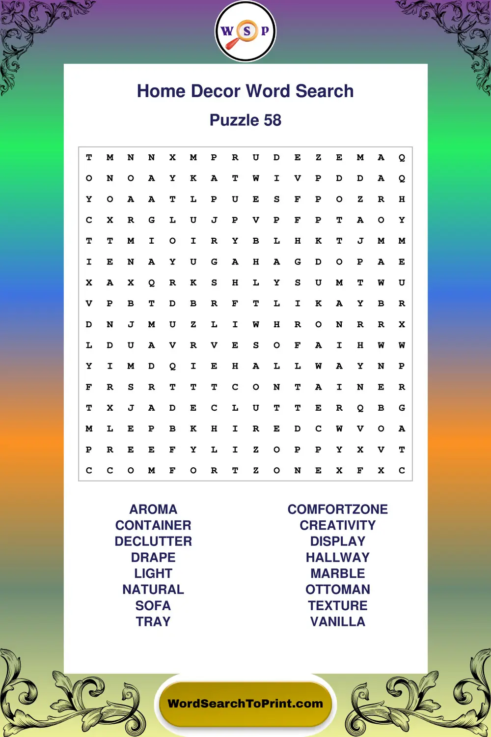 Home Decor Word Search Puzzle 58