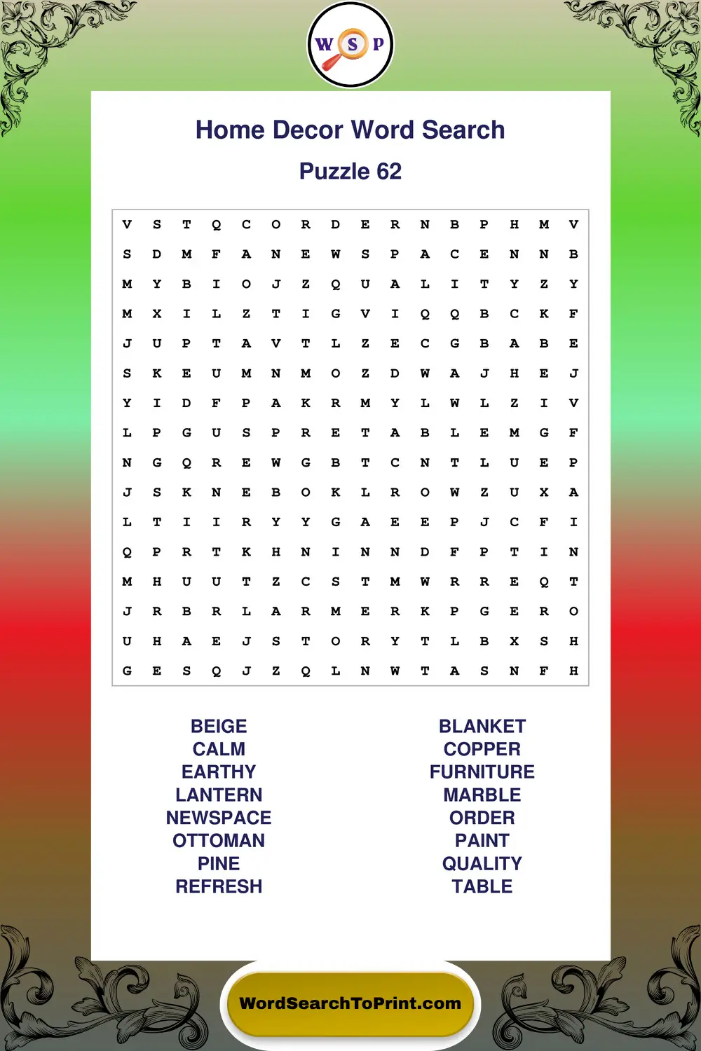 Home Decor Word Search Puzzle 62