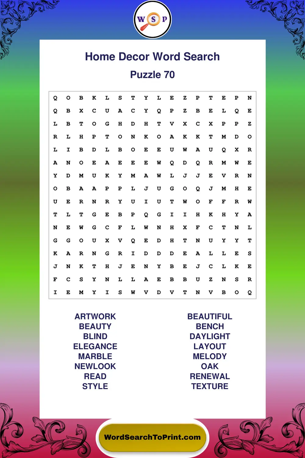 Home Decor Word Search Puzzle 70