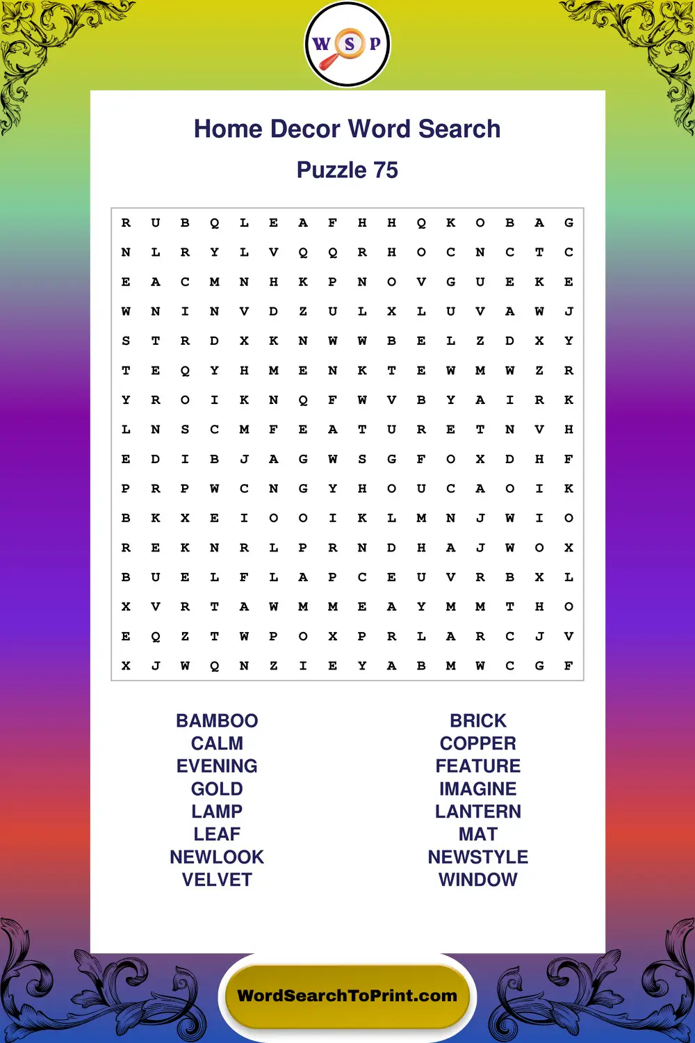 Home Decor Word Search Puzzle 75