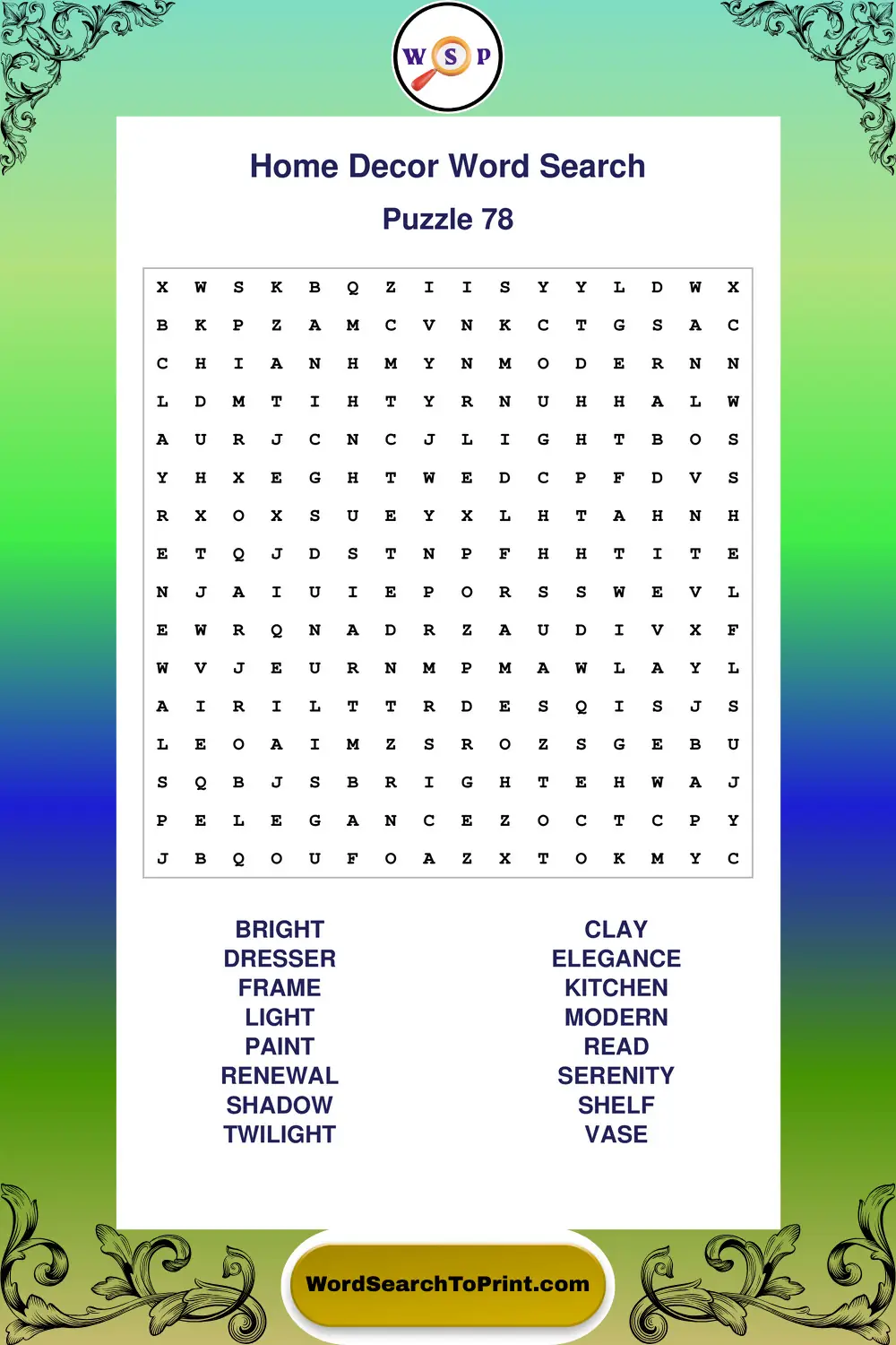 Home Decor Word Search Puzzle 78