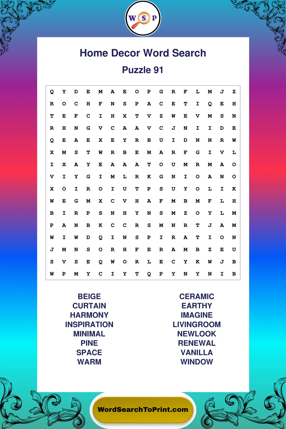 Home Decor Word Search Puzzle 91