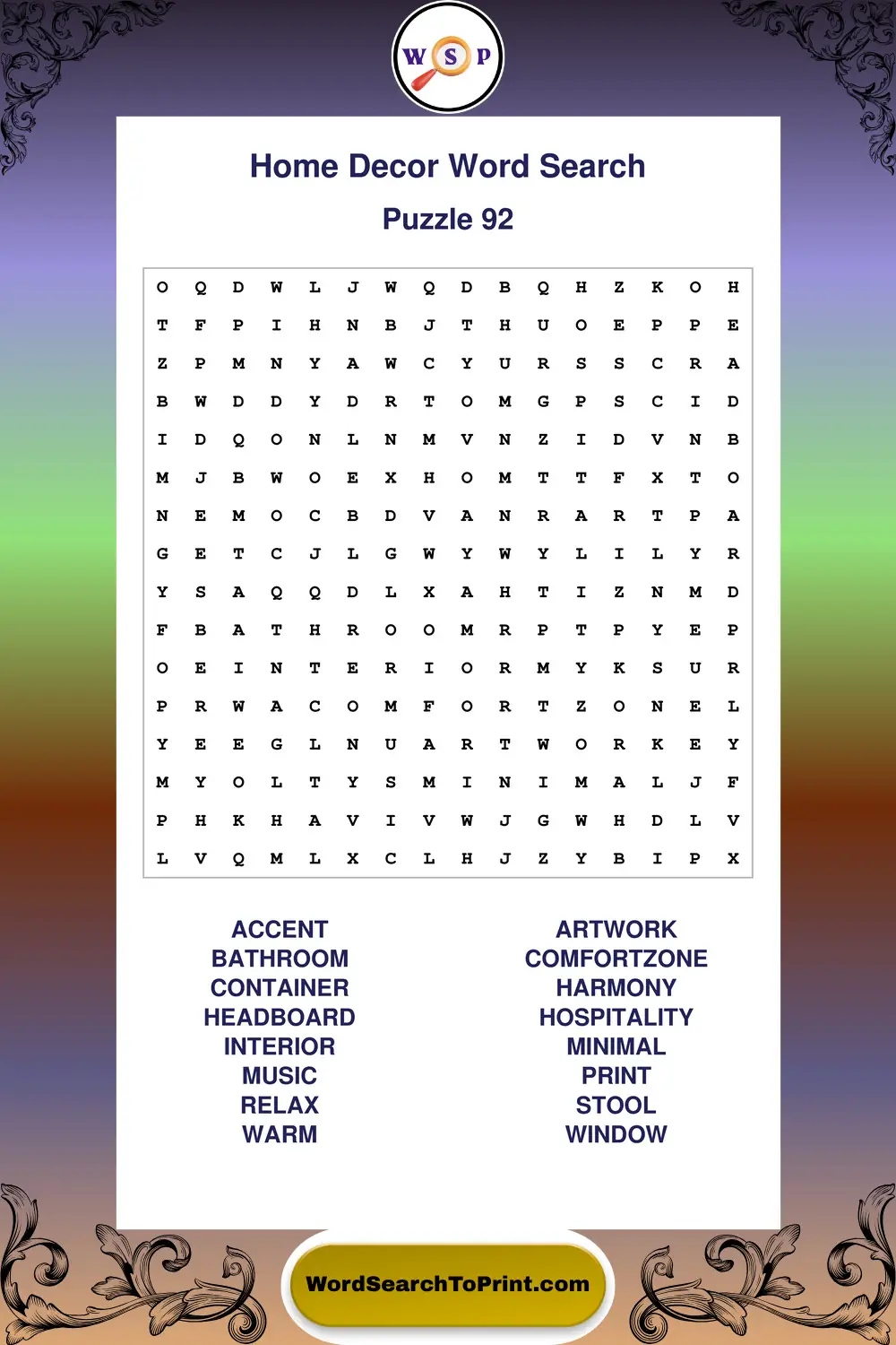Home Decor Word Search Puzzle 92
