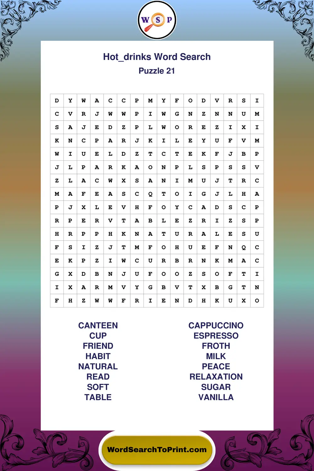 Hot Drinks Word Search Puzzle 21