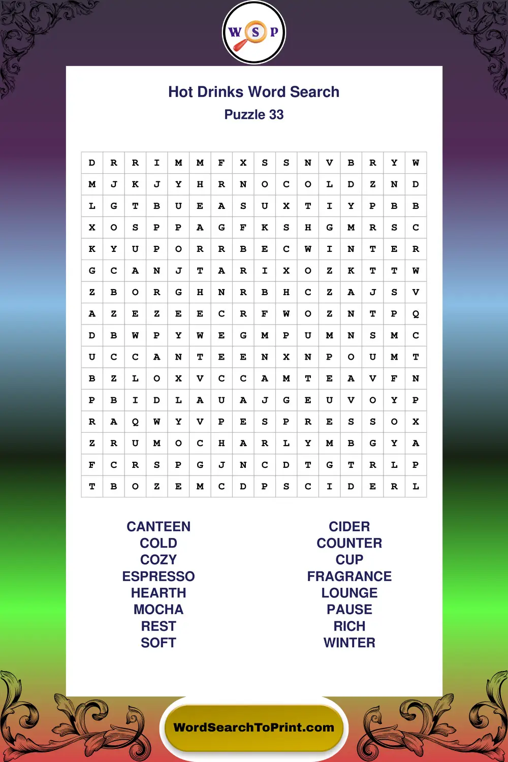 Hot Drinks Word Search Puzzle 33