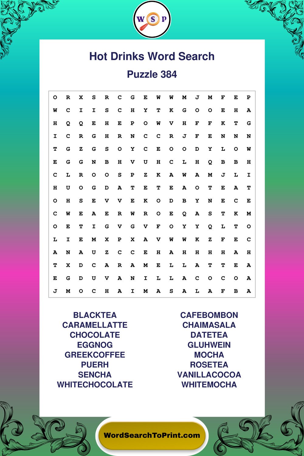 Hot Drinks Word Search Puzzle 384