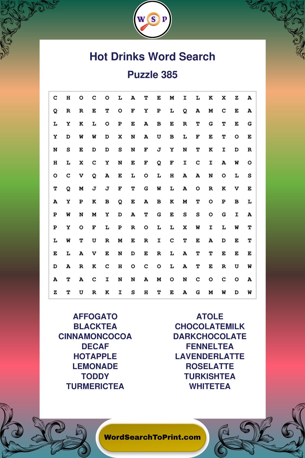 Hot Drinks Word Search Puzzle 385