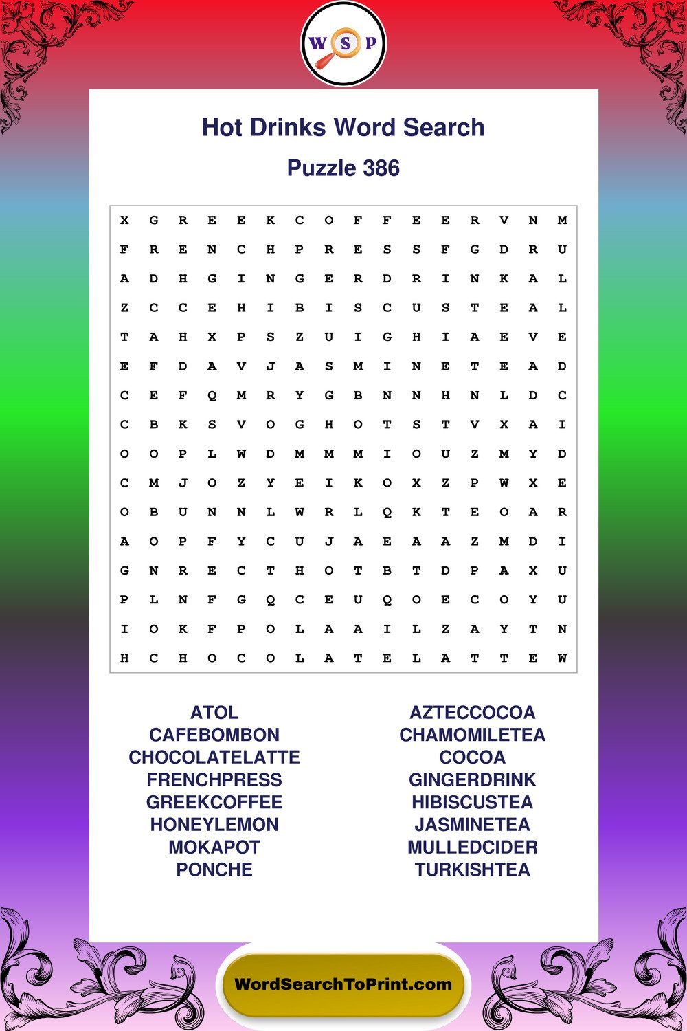 Hot Drinks Word Search Puzzle 386