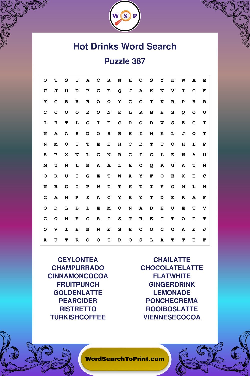 Hot Drinks Word Search Puzzle 387