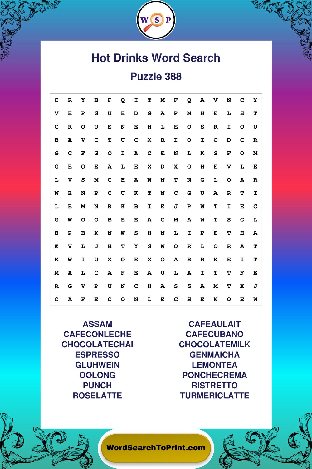 Hot Drinks Word Search Puzzle 388