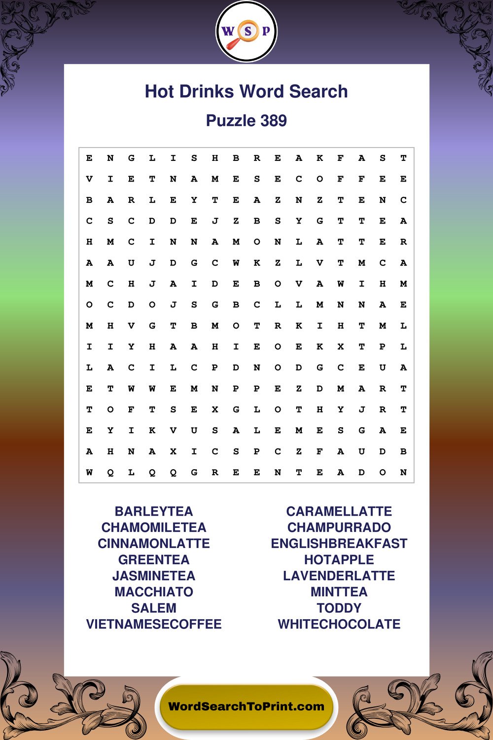 Hot Drinks Word Search Puzzle 389