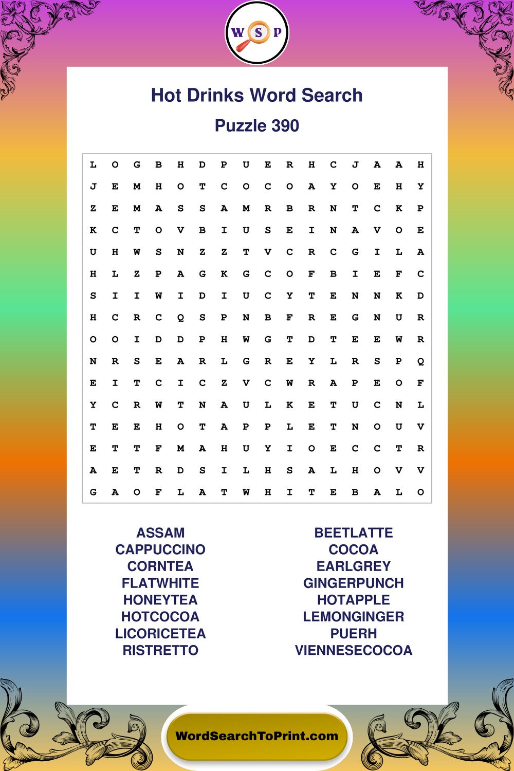 Hot Drinks Word Search Puzzle 390