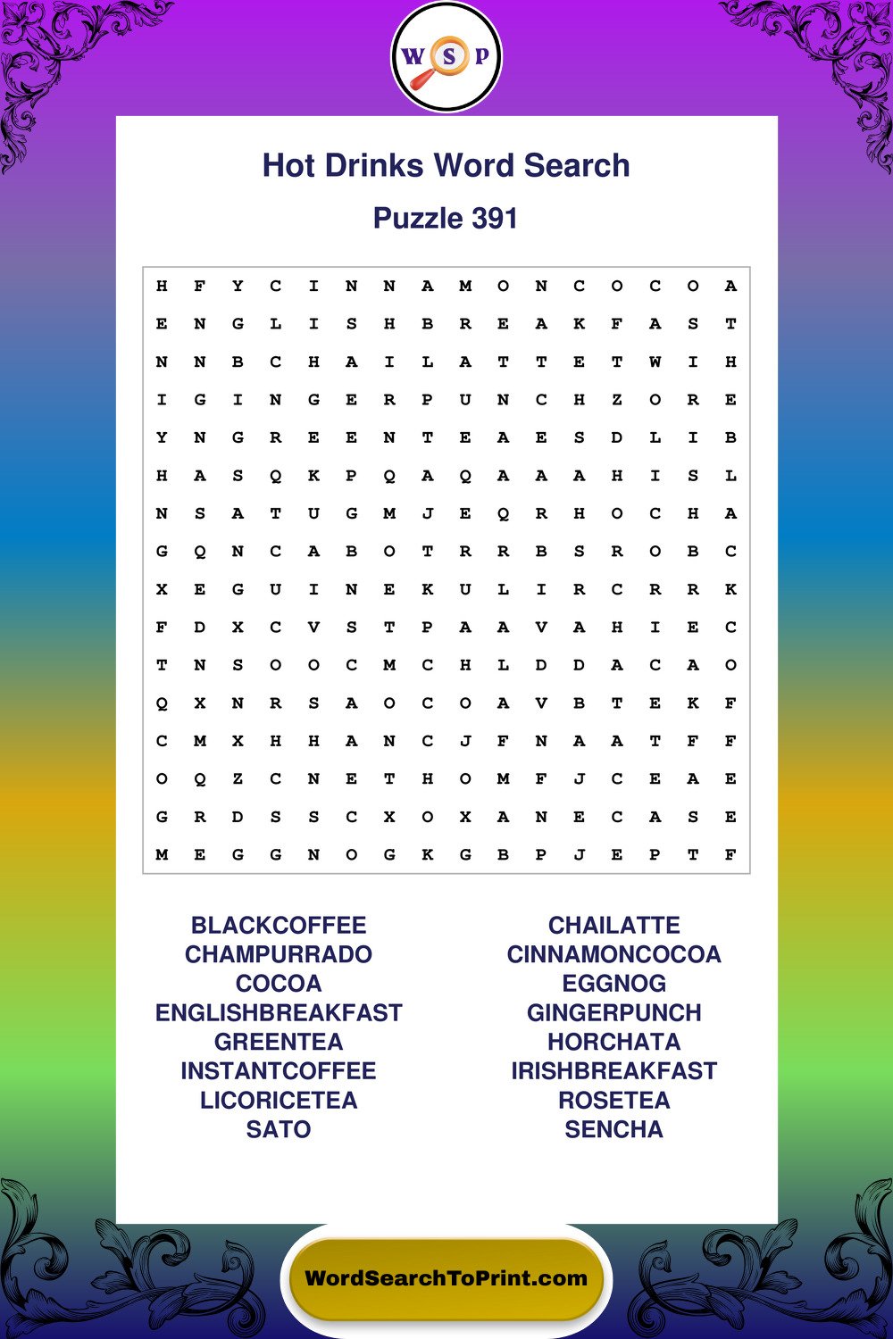 Hot Drinks Word Search Puzzle 391