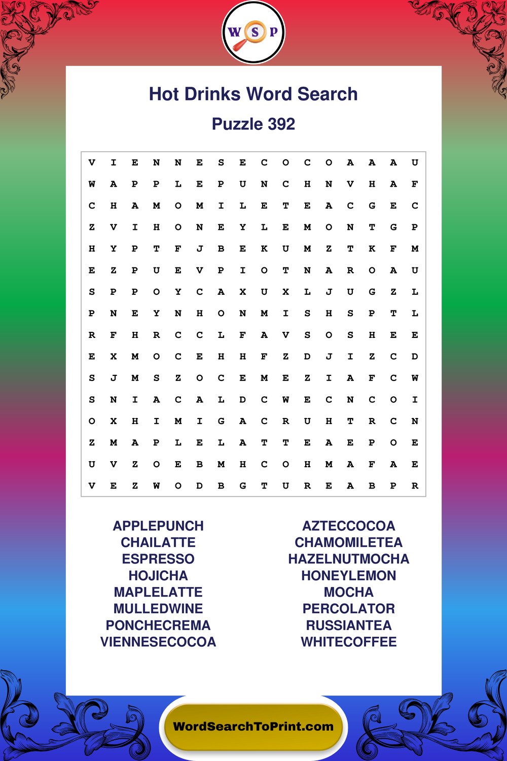 Hot Drinks Word Search Puzzle 392