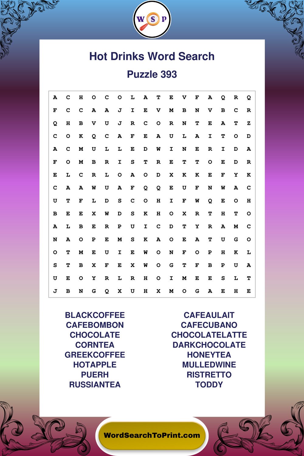Hot Drinks Word Search Puzzle 393