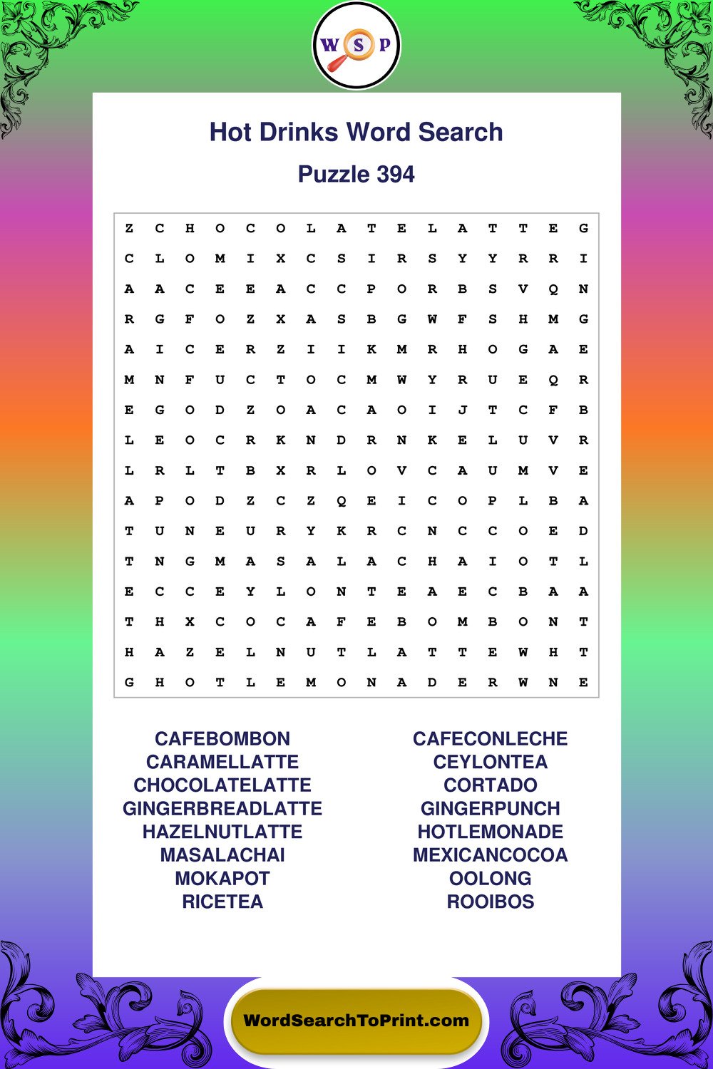 Hot Drinks Word Search Puzzle 394