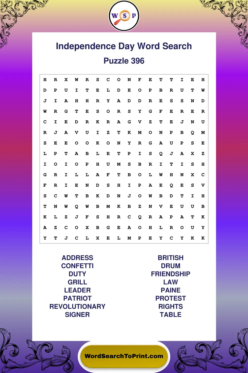 Independence Day Word Search Puzzle 396