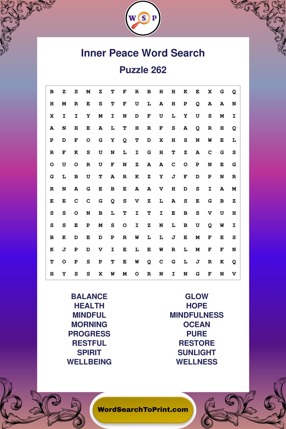 Inner Peace Word Search Puzzle 262