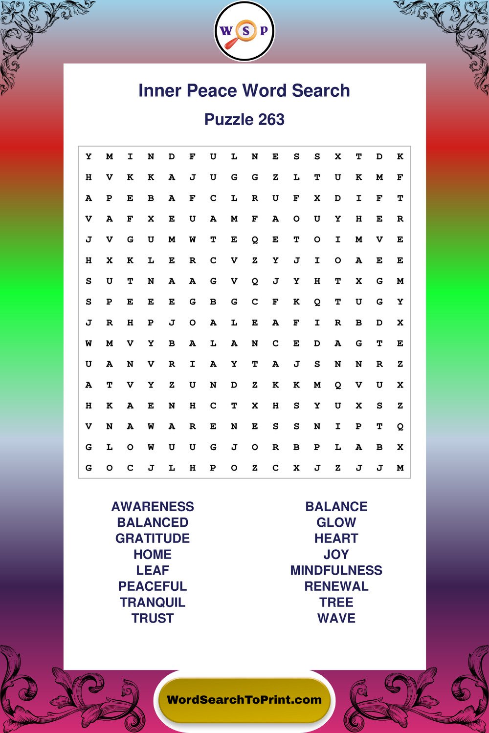 Inner Peace Word Search Puzzle 263