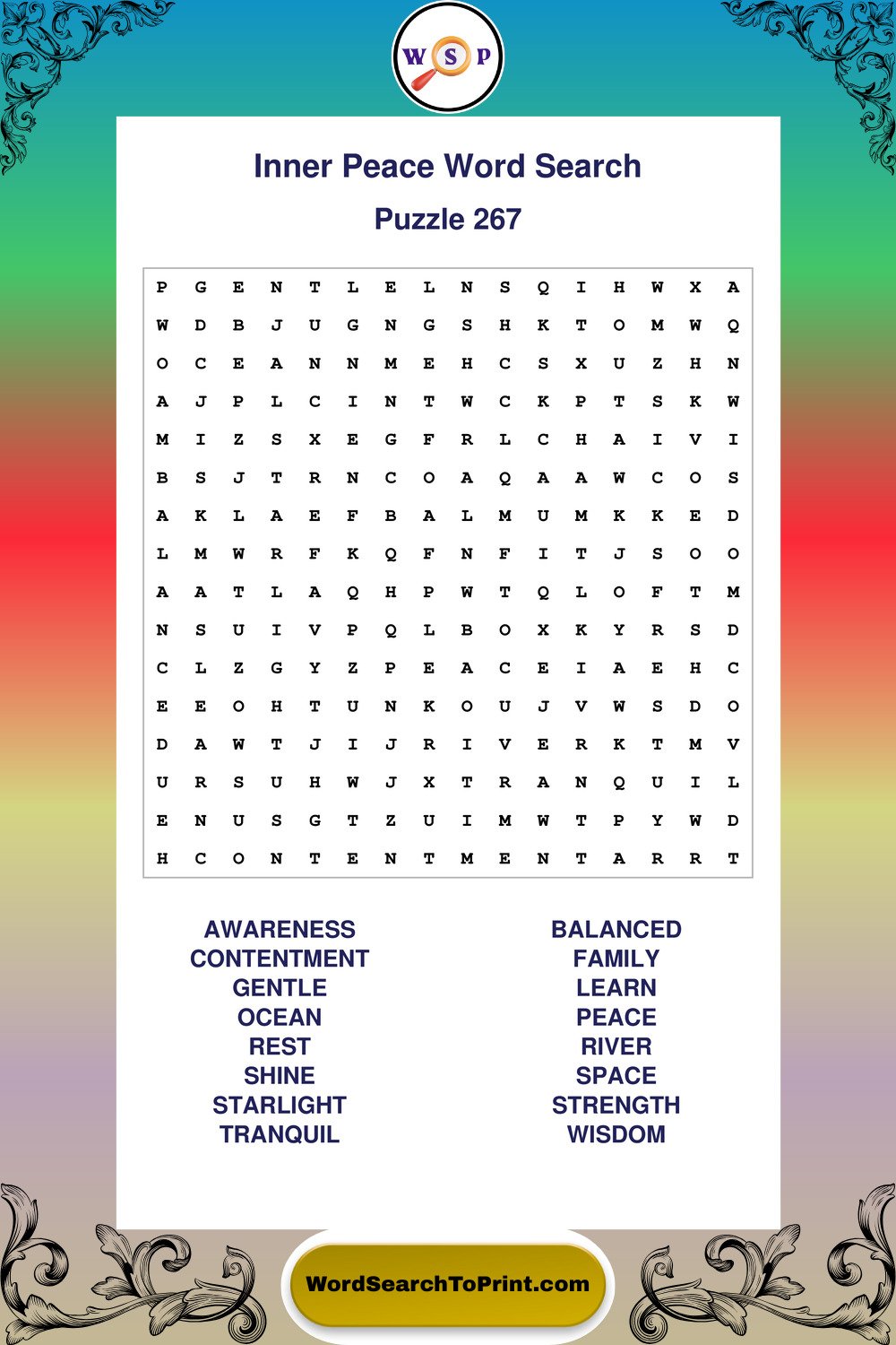 Inner Peace Word Search Puzzle 267