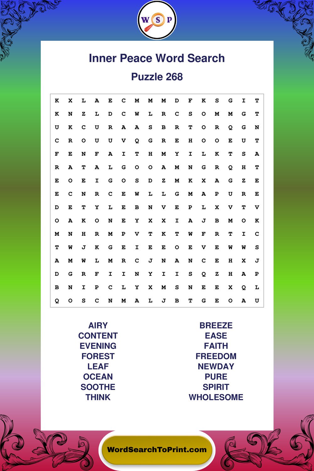 Inner Peace Word Search Puzzle 268