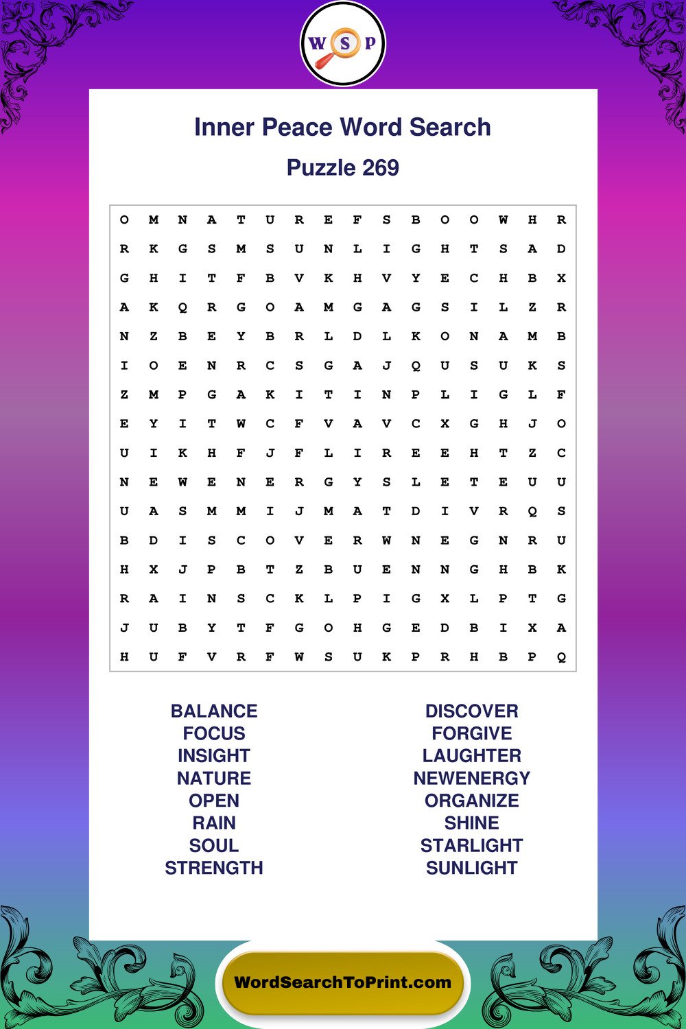 Inner Peace Word Search Puzzle 269