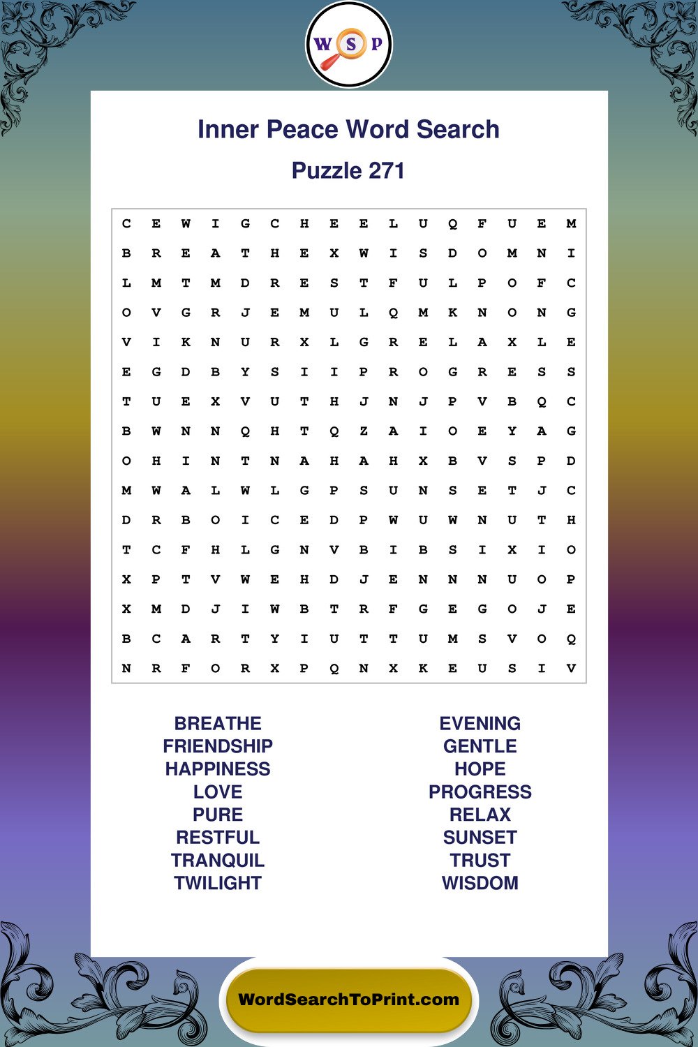 Inner Peace Word Search Puzzle 271