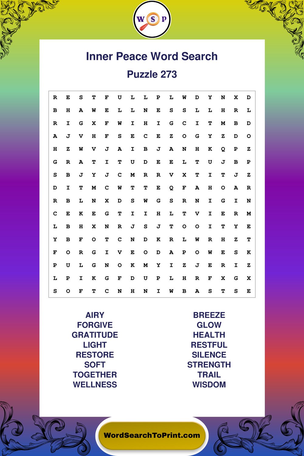 Inner Peace Word Search Puzzle 273