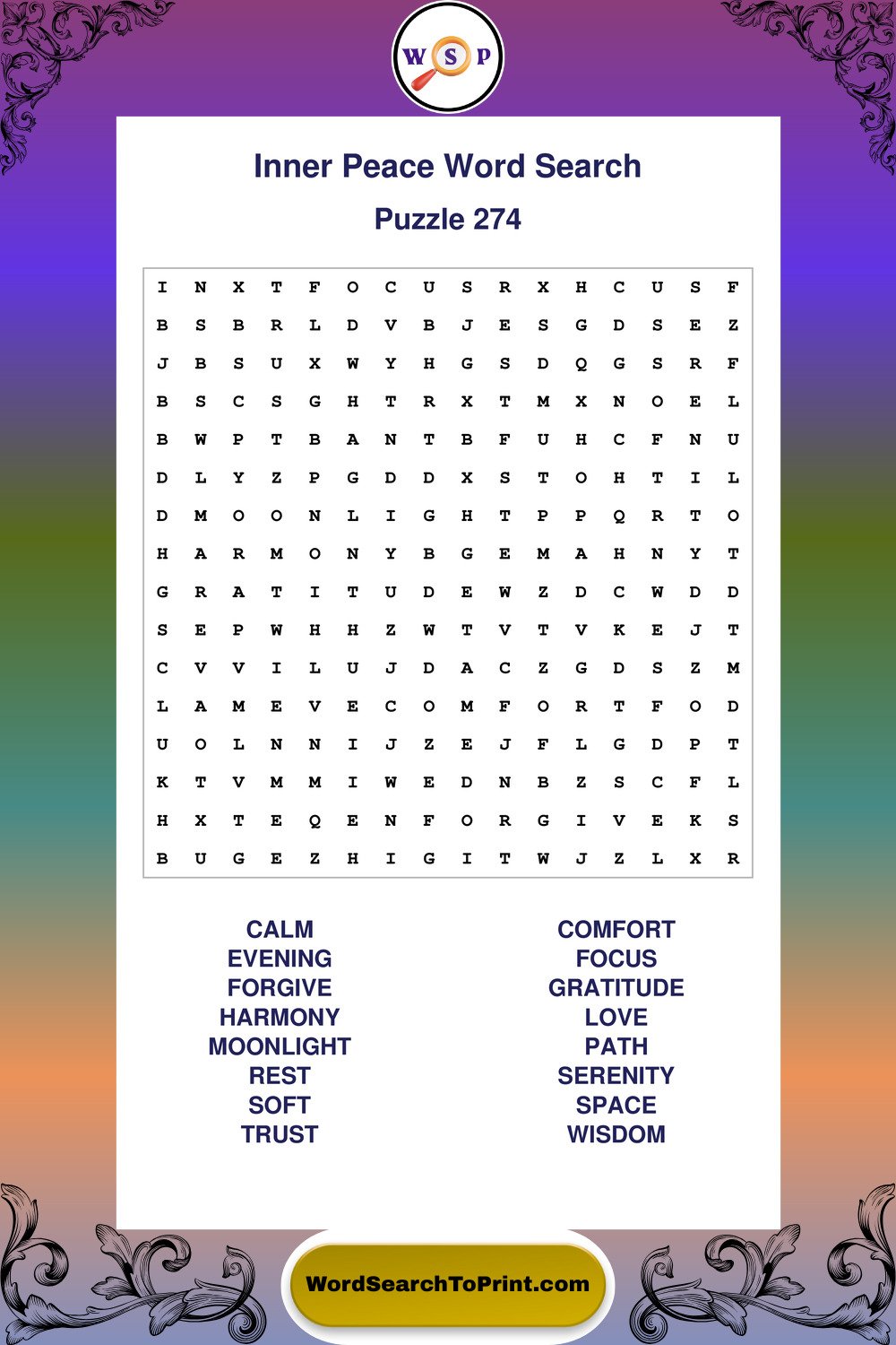 Inner Peace Word Search Puzzle 274