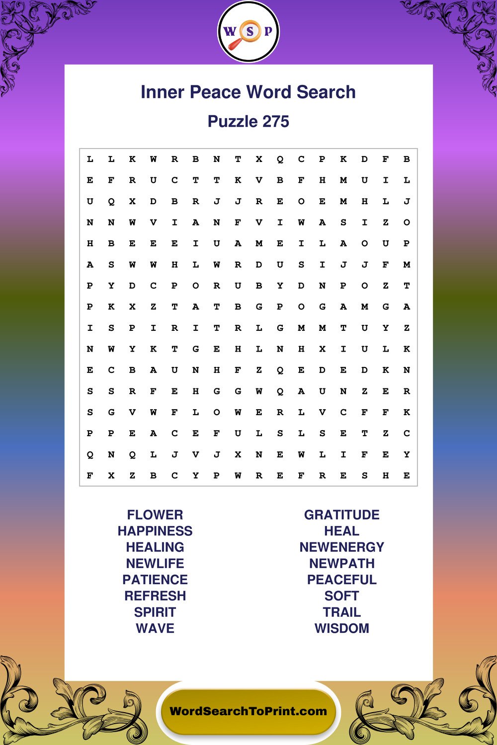 Inner Peace Word Search Puzzle 275