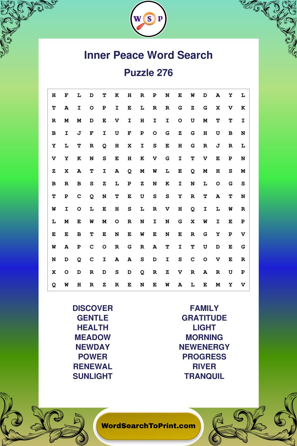 Inner Peace Word Search Puzzle 276