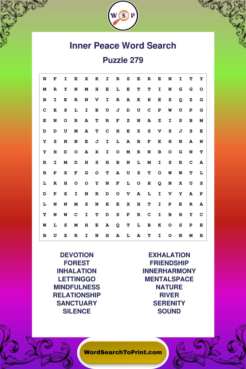 Inner Peace Word Search Puzzle 279