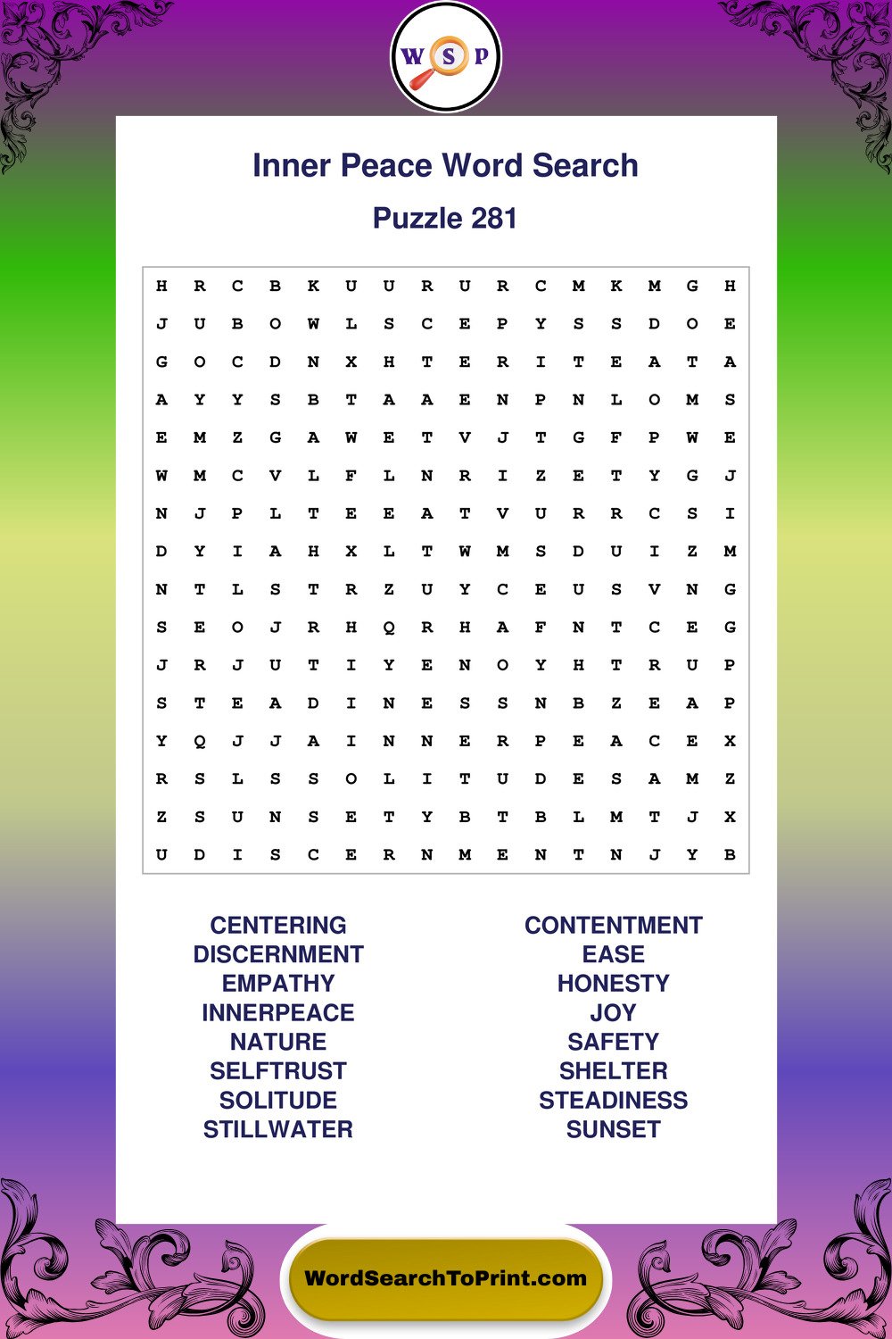 Inner Peace Word Search Puzzle 281